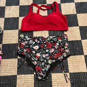 Red Bikini Top and Floral High-Waisted Bottoms